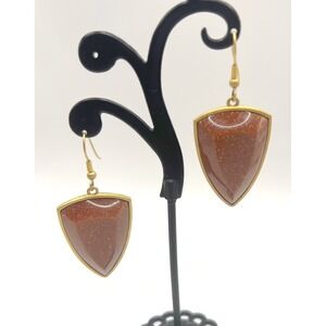 Goldstone Shield Dangle Earrings Gold Tone Pierced Drop 1.25"